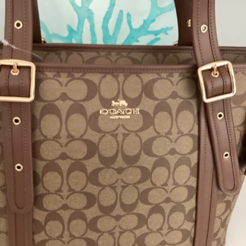 NWT COACH Signature Leather TOTE Shoulder Khaki Brown Saddle Bag $500